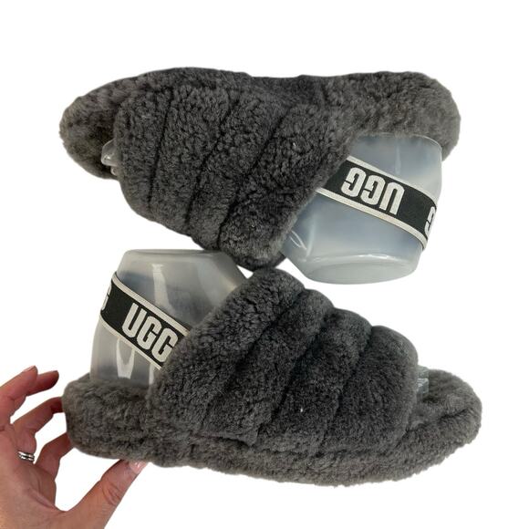 Ugg Sz 7 Oh Yeah Fluffy Double Strap Flat Slippers Slides Sandals in Grey - Picture 2 of 12